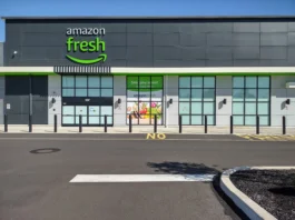Exterior of the Amazon Fresh store at Brookwood Shopping Center in Bensalem, PA, which is set to close in 2026.