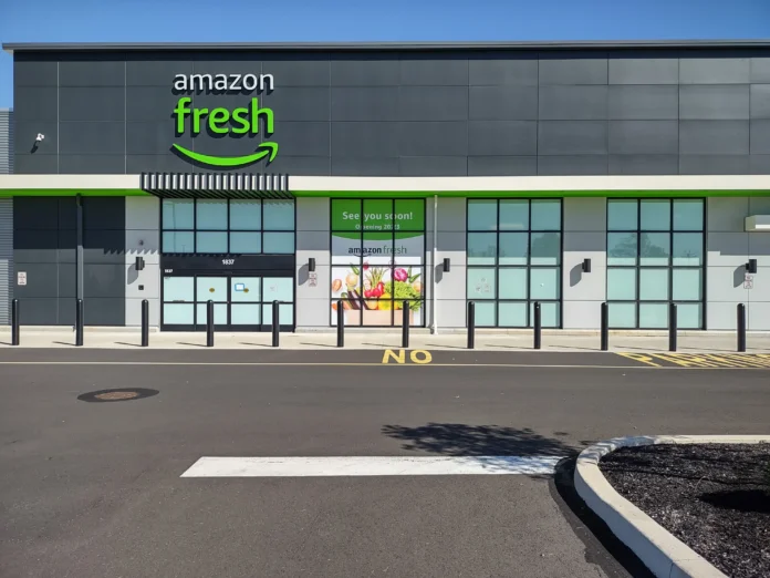 Exterior of the Amazon Fresh store at Brookwood Shopping Center in Bensalem, PA, which is set to close in 2026.