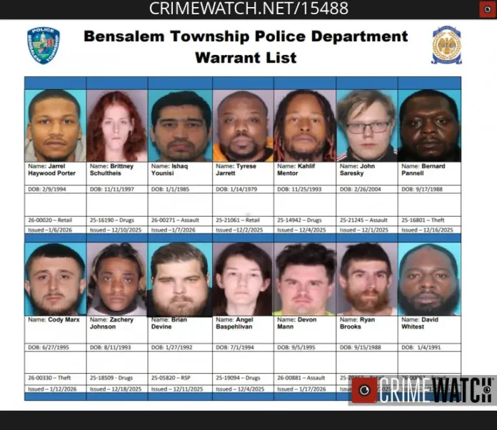 Bensalem Police Department weekly warrant list January 21 2026