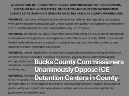 Bucks County Board of Commissioners resolution opposing ICE detention centers in warehouse facilities, adopted February 18, 2026.