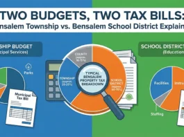 Bensalem property tax bill breakdown showing school district taxes are 60-70% of total