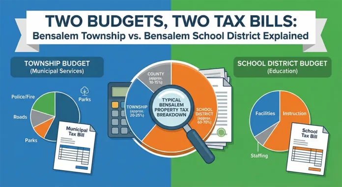 Bensalem property tax bill breakdown showing school district taxes are 60-70% of total