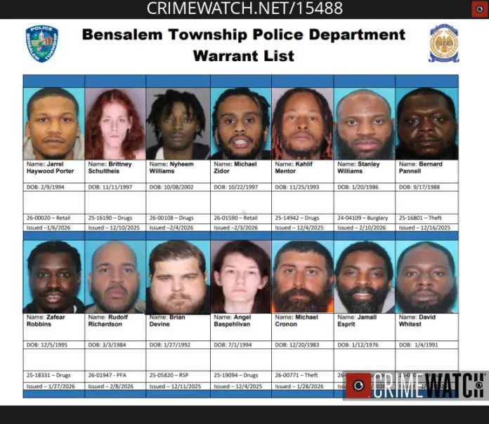 Bensalem Police Seek 14 Individuals on Active Warrants This Week - Feb 11th