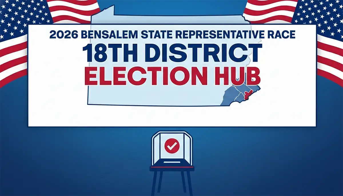Bensalem 18th District election hub graphic with municipal building and ballot box