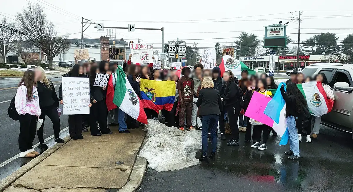 Bensalem High Students Walk Out Over ICE Bensalem High School students march along Hulmeville Road during ICE protest walkout