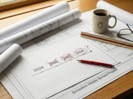 Architectural blueprints and project timeline for the Bensalem Middle School Project, showing a shift from 2024 planning to 2026 decision-making.