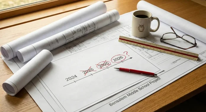 Architectural blueprints and project timeline for the Bensalem Middle School Project, showing a shift from 2024 planning to 2026 decision-making.