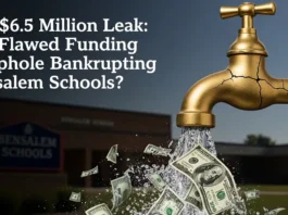 Bensalem Township School District building with overlay text showing $6.5 million budget deficit and 8.25% property tax increase proposal