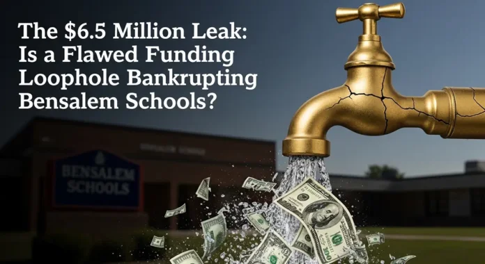 Bensalem Township School District building with overlay text showing $6.5 million budget deficit and 8.25% property tax increase proposal