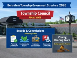 Diagram showing Bensalem Township Council as final decision-maker with advisory boards beneath and Zoning Hearing Board as quasi-judicial authority