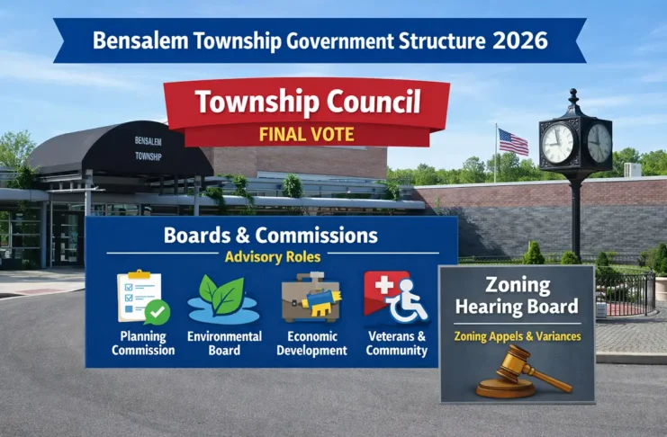 Diagram showing Bensalem Township Council as final decision-maker with advisory boards beneath and Zoning Hearing Board as quasi-judicial authority