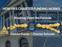 Split image of Pennsylvania State Capitol and a public school building illustrating how the state’s charter school funding formula works