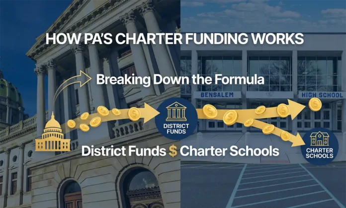 Split image of Pennsylvania State Capitol and a public school building illustrating how the state’s charter school funding formula works