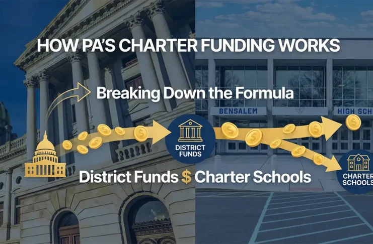 Split image of Pennsylvania State Capitol and a public school building illustrating how the state’s charter school funding formula works