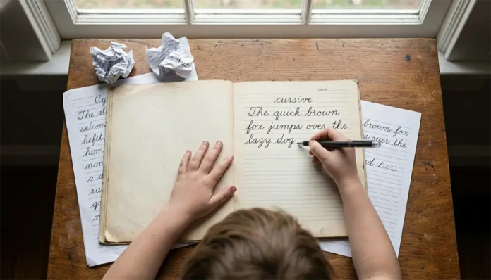 pennsylvania-cursive-law-elementary-student-writing Elementary student practicing cursive handwriting in Pennsylvania classroom
