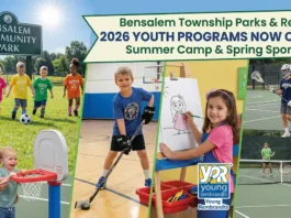 Collage of youth sports and activities in Bensalem including soccer, basketball, hockey, and art classes at Bensalem Community Park and Firefighters Field.