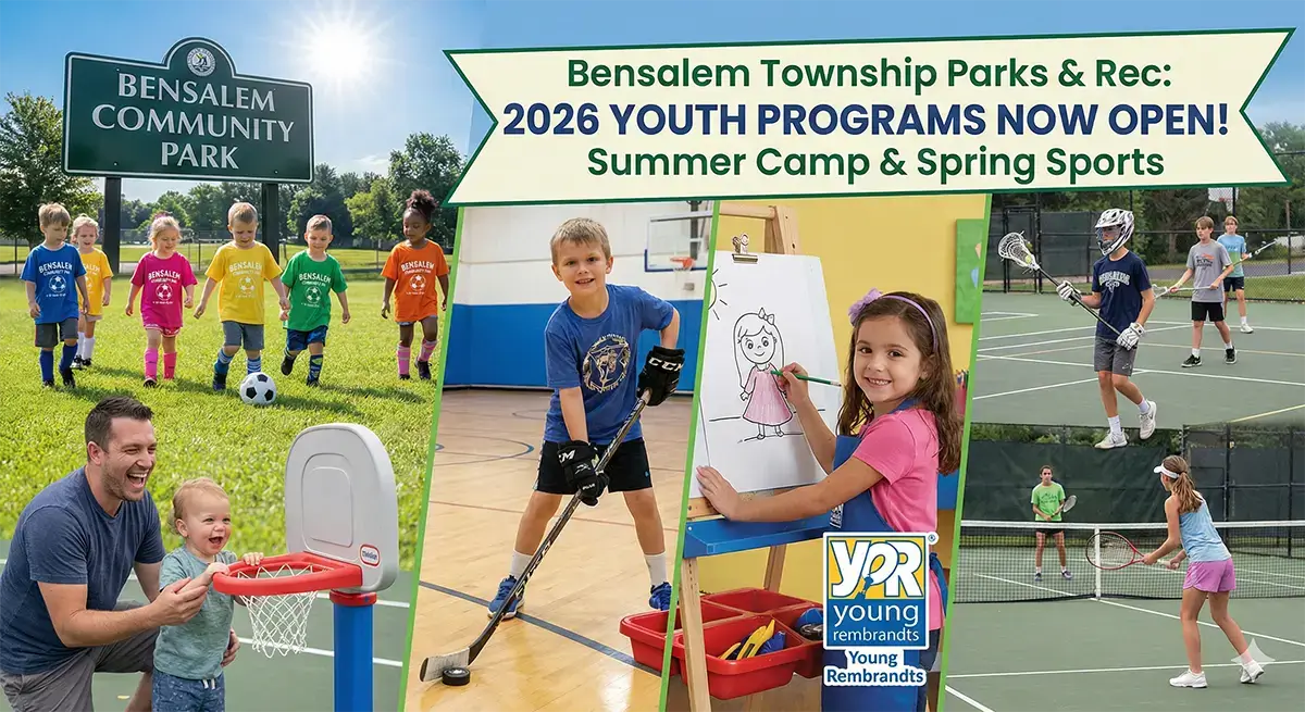 Bensalem Youth Sports & Summer Camp Collage of youth sports and activities in Bensalem including soccer, basketball, hockey, and art classes at Bensalem Community Park and Firefighters Field.